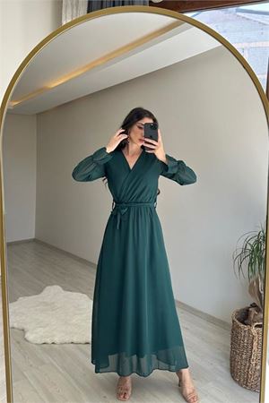 Neşeli butik kadın uzun kollu kuşaklı maxi şifon elbise NM001