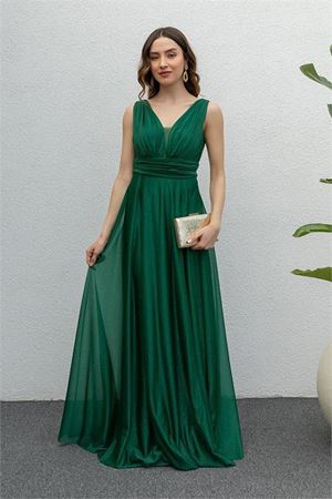 Neşeli butik kadın zümrüt drapeli tül abiye elbise NB2030