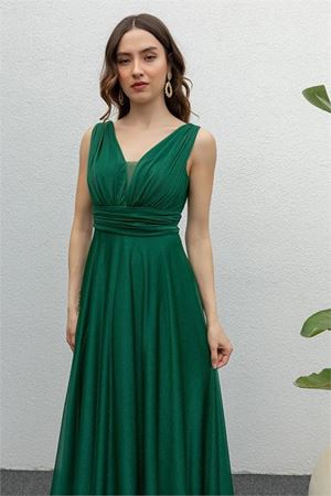 Neşeli butik kadın zümrüt drapeli tül abiye elbise NB2030