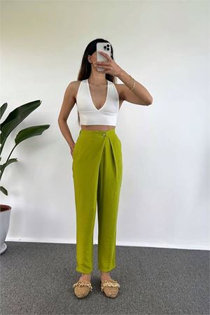 Neşeli butik kadın pile detaylı tasarım pantolon MYLK02 - Yeşil