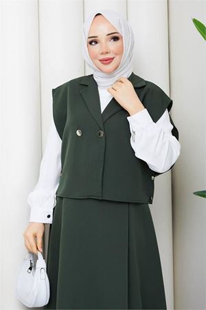 Neşeli butik kadın yeşil düğme detaylı yelek bluz etek üçlü tesettür takım NBFT007