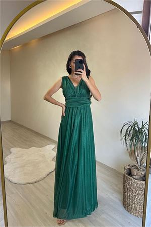 Neşeli butik kadın drapeli ışıltılı kalın askılı abiye elbise NM003