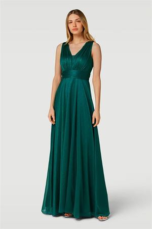 Neşeli butik kadın zümrüt yeşili yaka simli tül abiye elbise NBS9223