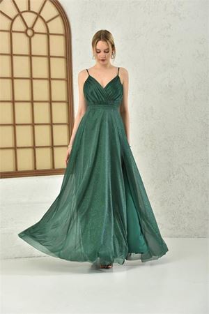 Neşeli butik kadın zümrüt yeşil simli kumaş askılı uzun abiye NBS9276