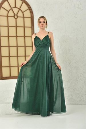 Neşeli butik kadın zümrüt yeşil simli kumaş askılı uzun abiye NBS9276
