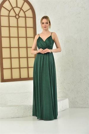 Neşeli butik kadın zümrüt yeşil simli kumaş askılı uzun abiye NBS9276