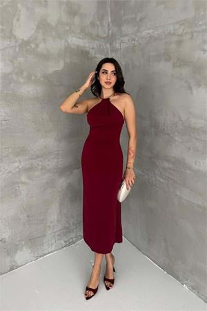 Kadın bordo sırt dekolteli metal yaka midi elbise DPK4543