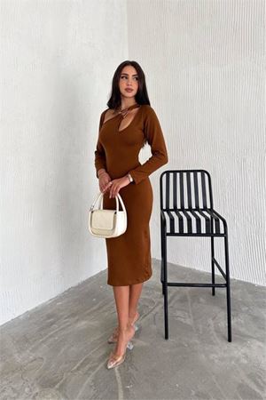 kadın taba yaka detaylı triko elbise DPK2219