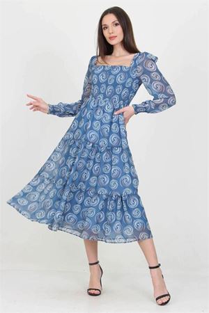 Kadın indigo gipeli kare yaka desenli şifon elbise DP100361