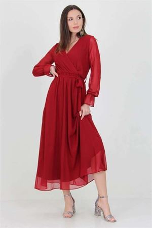 Kadın Bordo Yeni Sezon Astarlı Kruvaze Yaka Uzun Şifon Elbise DP003