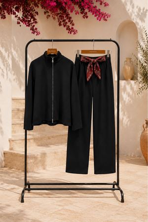 Kadın fermuarlı ceket bol paça pantolon ikili premium takım EFL021