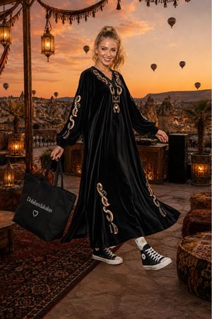 Kadın nakış detaylı kadife uzun kaftan elbise ALA111 ( STD-36-46 )