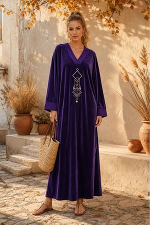 Kadın V yaka nakış detaylı oversize otantik kadife elbise ALA101 ( STD - 36-46 )