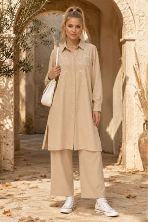 Kadın tesettür nakış detaylı düğmeli tunik pantolon ikili takım ALA098 ( STD - 36-46 )