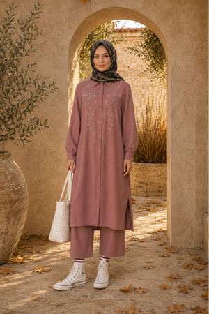 Kadın tesettür nakış detaylı düğmeli tunik pantolon ikili takım ALA098 ( STD - 36-46 )