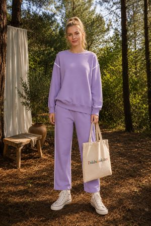 Kadın oversize şerit detaylı sweatshirt ve eşofman ikili spor takım TG012