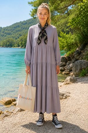 Kadın hakim yaka düğmeli katlı uzun elbise ALA107 ( STD - 38-48 )