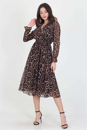 kadın yakası bağlama dertaylı leopar şifon elbise DPRSSN07