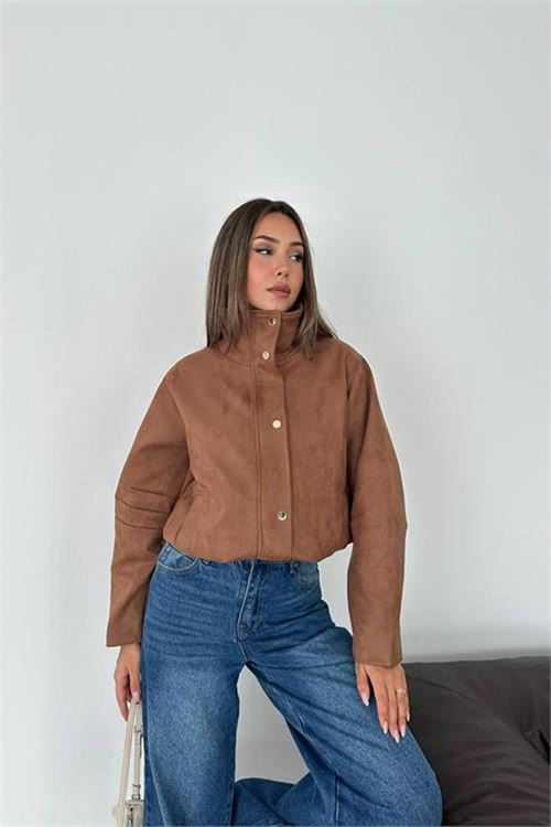 Neşeli butik kadın camel dik yaka çıtçıtlı süet görünümlü bomber ceket NBK010