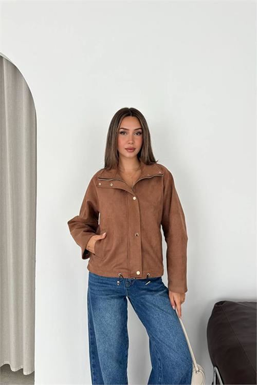 Neşeli butik kadın camel dik yaka çıtçıtlı süet görünümlü bomber ceket NBK010