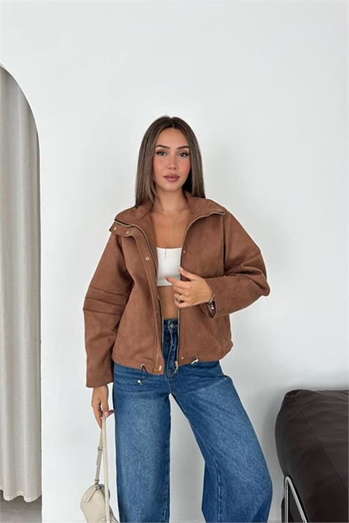 Neşeli butik kadın camel dik yaka çıtçıtlı süet görünümlü bomber ceket NBK010