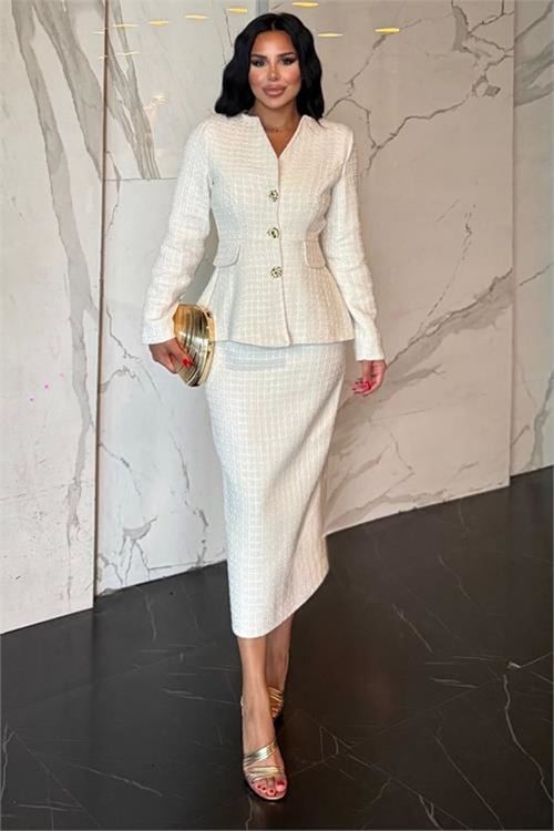 Neşeli butik kadın ekru tüvit kumaş peplum ceket kalem etek ikili takım NBSTR1012