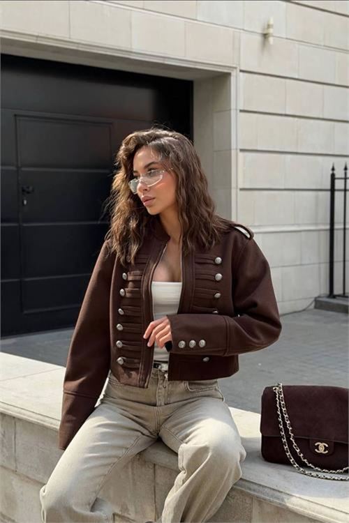 Neşeli butik kadın kahverengi ZR model silver düğmeli kaşe kumaş ceket NBEMP3125