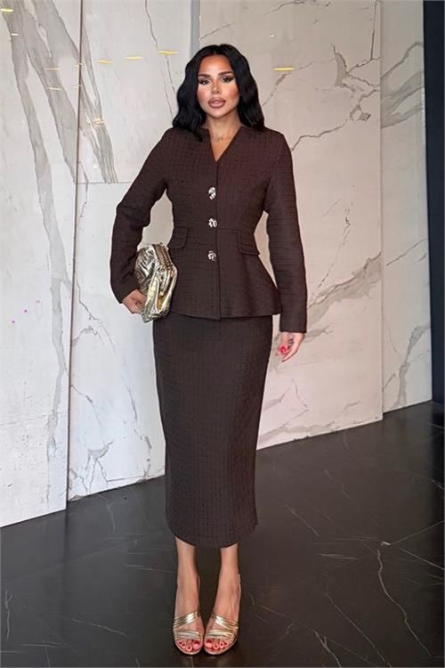 Neşeli butik kadın kahverengi tüvit kumaş peplum ceket kalem etek ikili takım NBSTR1012