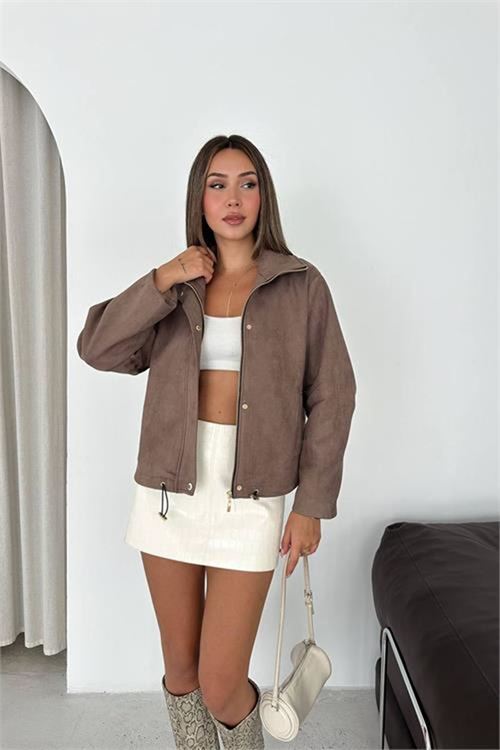 Neşeli butik kadın vizon dik yaka çıtçıtlı süet görünümlü bomber ceket NBK010