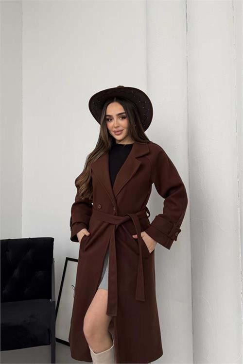Kadın premium kuşaklı reglan kol düğmeli kahverengi kaşe kaban DPKBN01