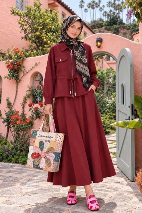 Kadın bordo fermuarlı Cep Detaylı Beli Bağcıklı Uzun Etekli Tesettür İkili Takım TG033