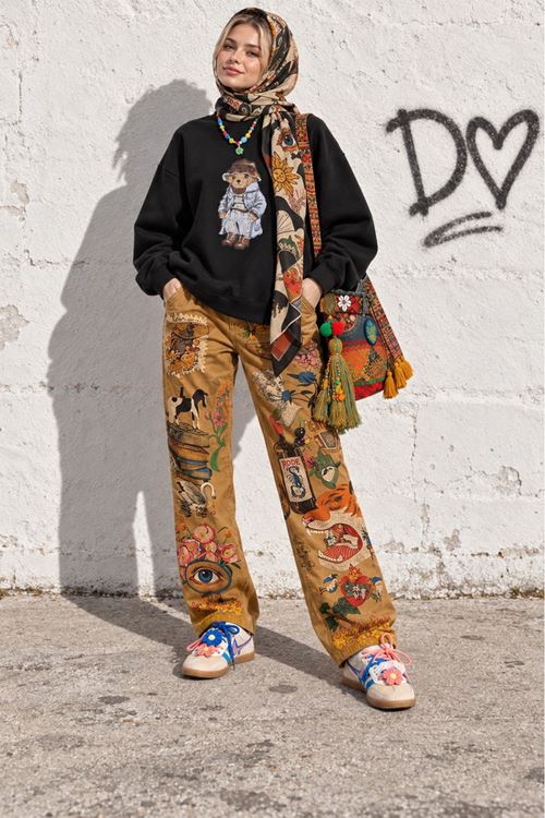 Kadın Siyah Ayıcık Baskılı Bisiklet Yaka Oversize Sweatshirt DKHF038