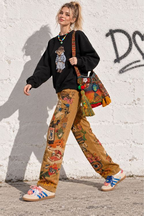 Kadın Siyah Ayıcık Baskılı Bisiklet Yaka Oversize Sweatshirt DKHF038