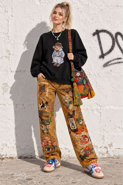 Kadın Siyah Ayıcık Baskılı Bisiklet Yaka Oversize Sweatshirt DKHF038