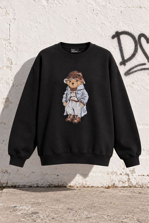 Kadın Siyah Ayıcık Baskılı Bisiklet Yaka Oversize Sweatshirt DKHF038