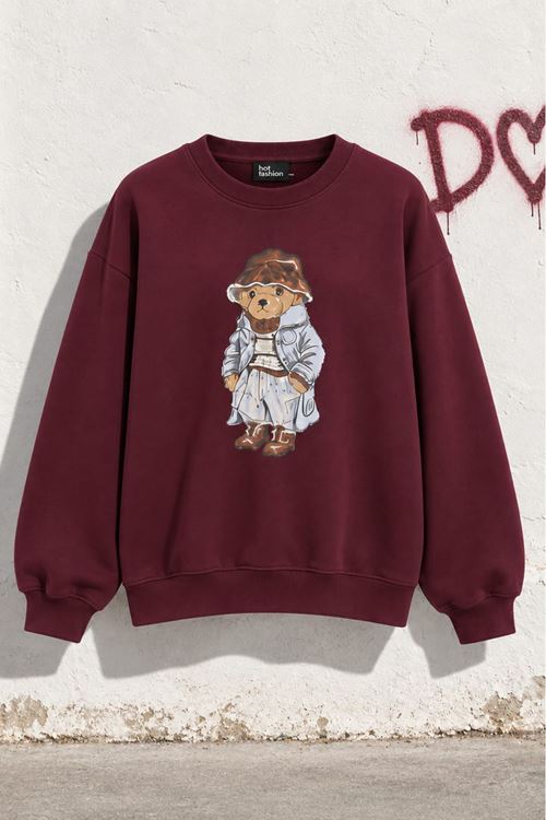 Kadın Bordo Ayıcık Baskılı Bisiklet Yaka Oversize Sweatshirt DKHF038