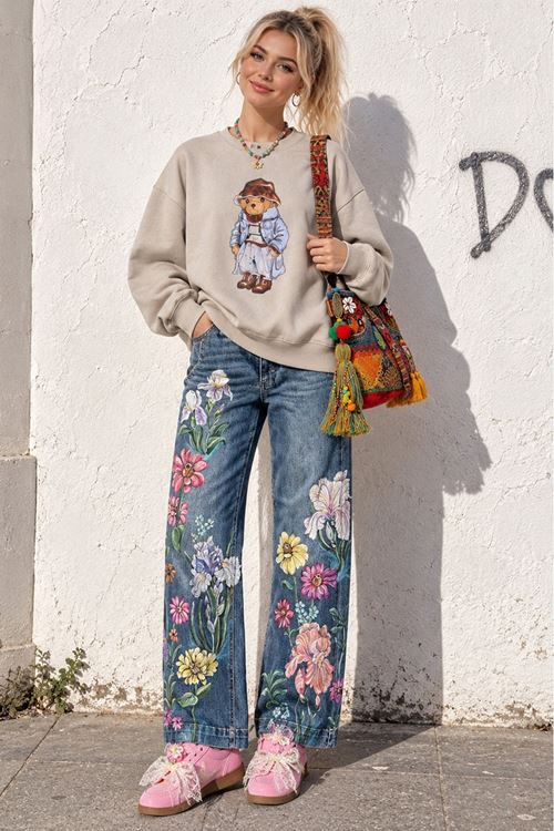 Kadın Bej Ayıcık Baskılı Bisiklet Yaka Oversize Sweatshirt DKHF038