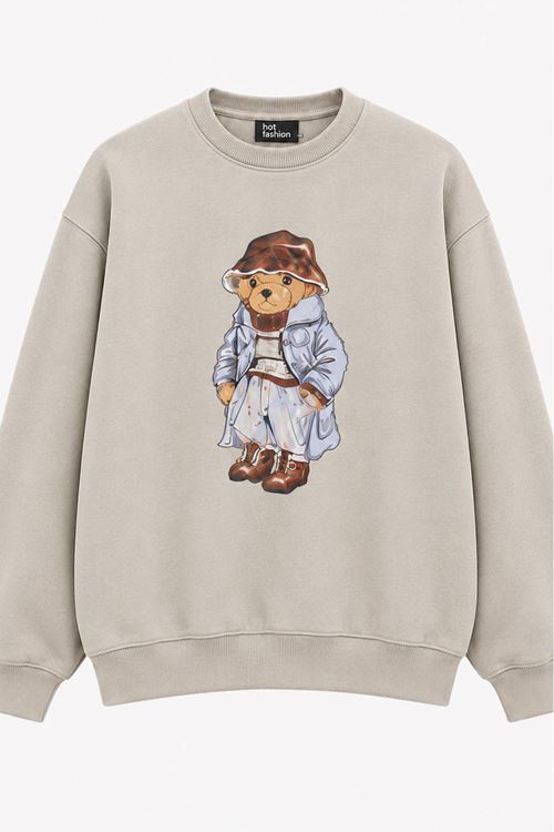 Kadın Bej Ayıcık Baskılı Bisiklet Yaka Oversize Sweatshirt DKHF038