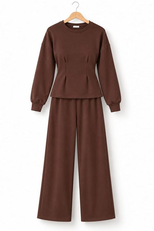 Kadın kahverengi bel bağlama detaylı uzun kol ikili takım DKMRS018