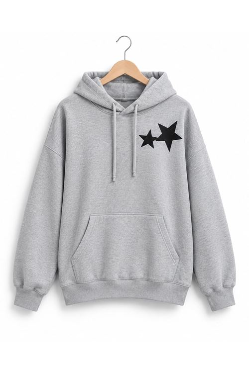 Kadın gri yıldız baskılı kapüşonlu oversize sweatshirt CLT030