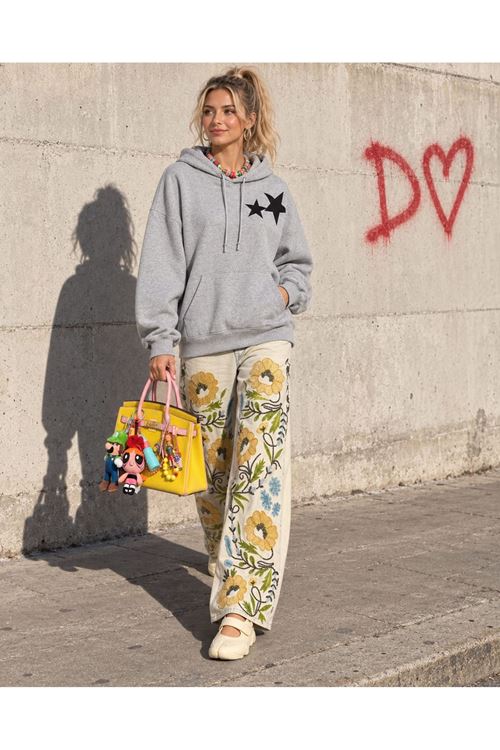 Kadın gri yıldız baskılı kapüşonlu oversize sweatshirt CLT030