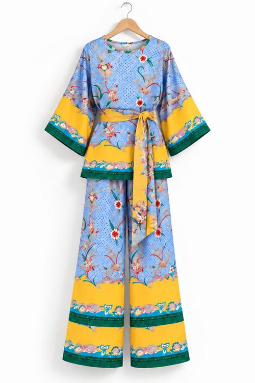Kadın Desenli Kuşaklı Kimono Geniş Paça Pantolon İkili Takım DKHF053