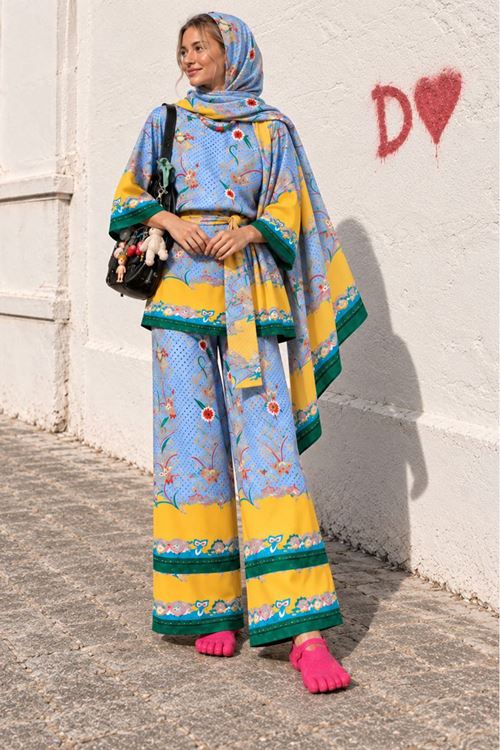 Kadın Desenli Kuşaklı Kimono Geniş Paça Pantolon İkili Takım DKHF053