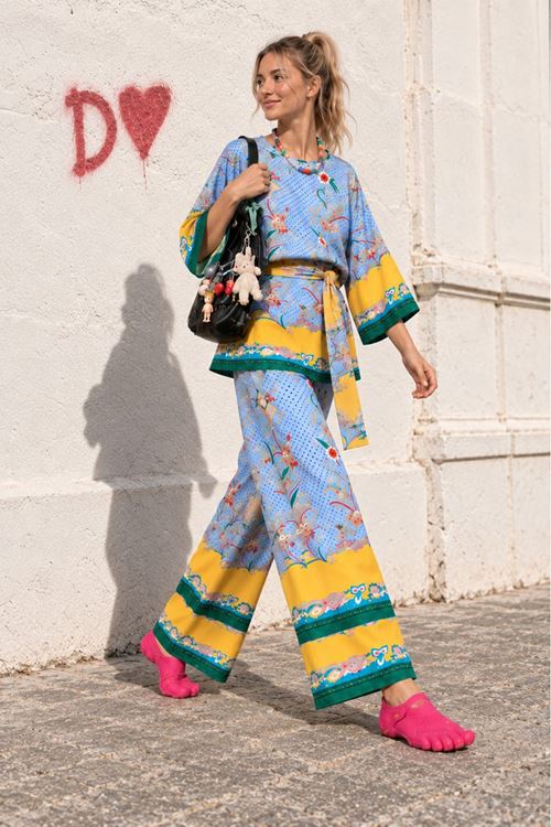 Kadın Desenli Kuşaklı Kimono Geniş Paça Pantolon İkili Takım DKHF053
