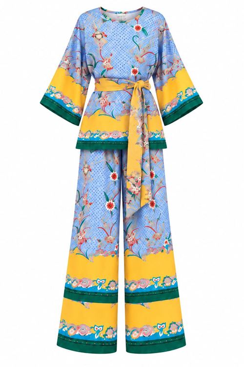 Kadın Desenli Kuşaklı Kimono Geniş Paça Pantolon İkili Takım DKHF053