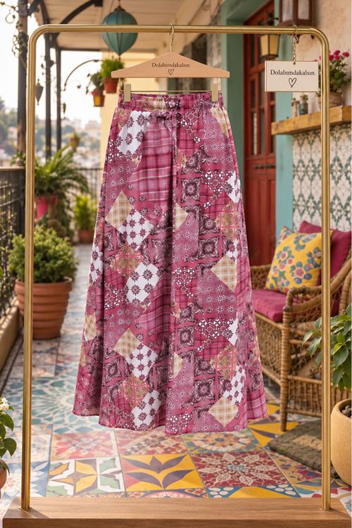 Kadın Pembe Desenli Beli Lastikli Uzun Kadın Etek TG035