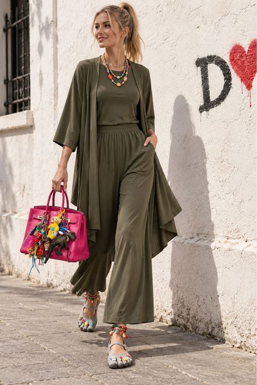 Kadın haki hırkalı crop bluz bol paça pantolon üçlü takım FRW005
