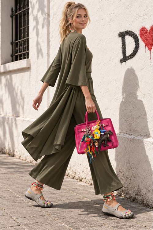 Kadın haki hırkalı crop bluz bol paça pantolon üçlü takım FRW005