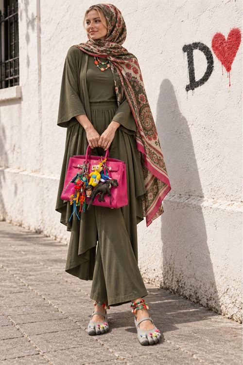 Kadın haki hırkalı crop bluz bol paça pantolon üçlü takım FRW005