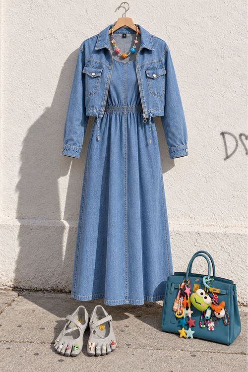Fermuarlı ceketli denim uzun elbise takım TG026